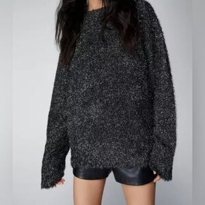 Nasty Gal NWT  silver on black shimmering sweater Size L